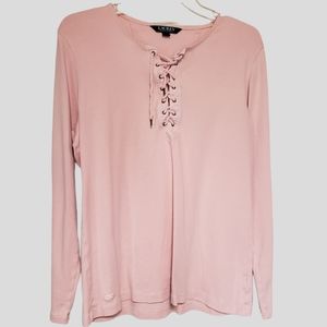 Lauren Ralph Lauren light pink lace tie front long sleeves size xl